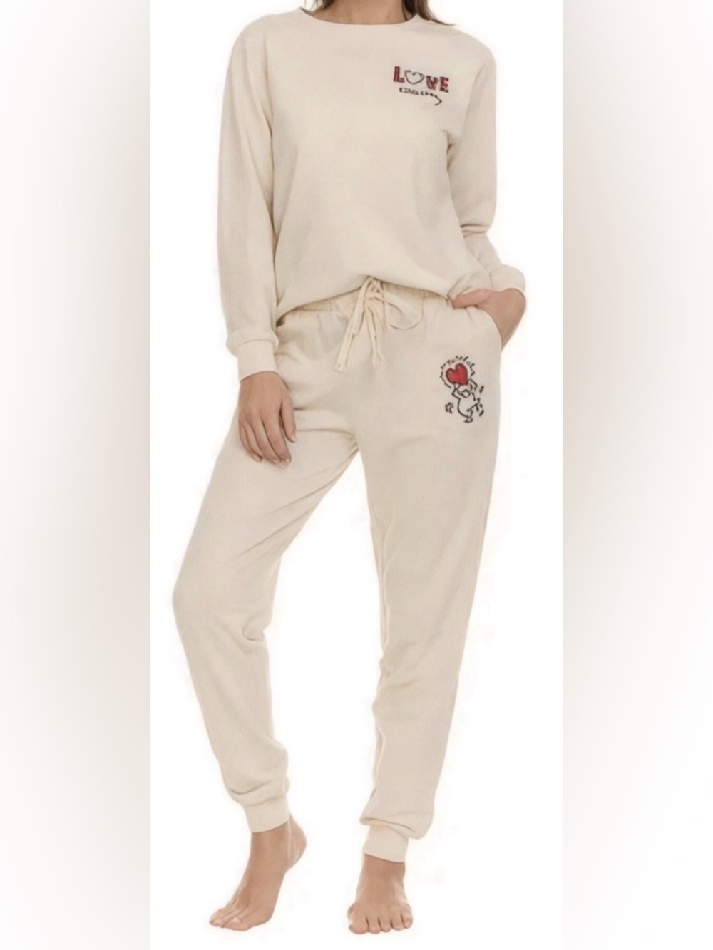 Keith Haring Sweatsuit L Cream Fleece Heart Sweatshirt Jogger Lounge Tracksuit